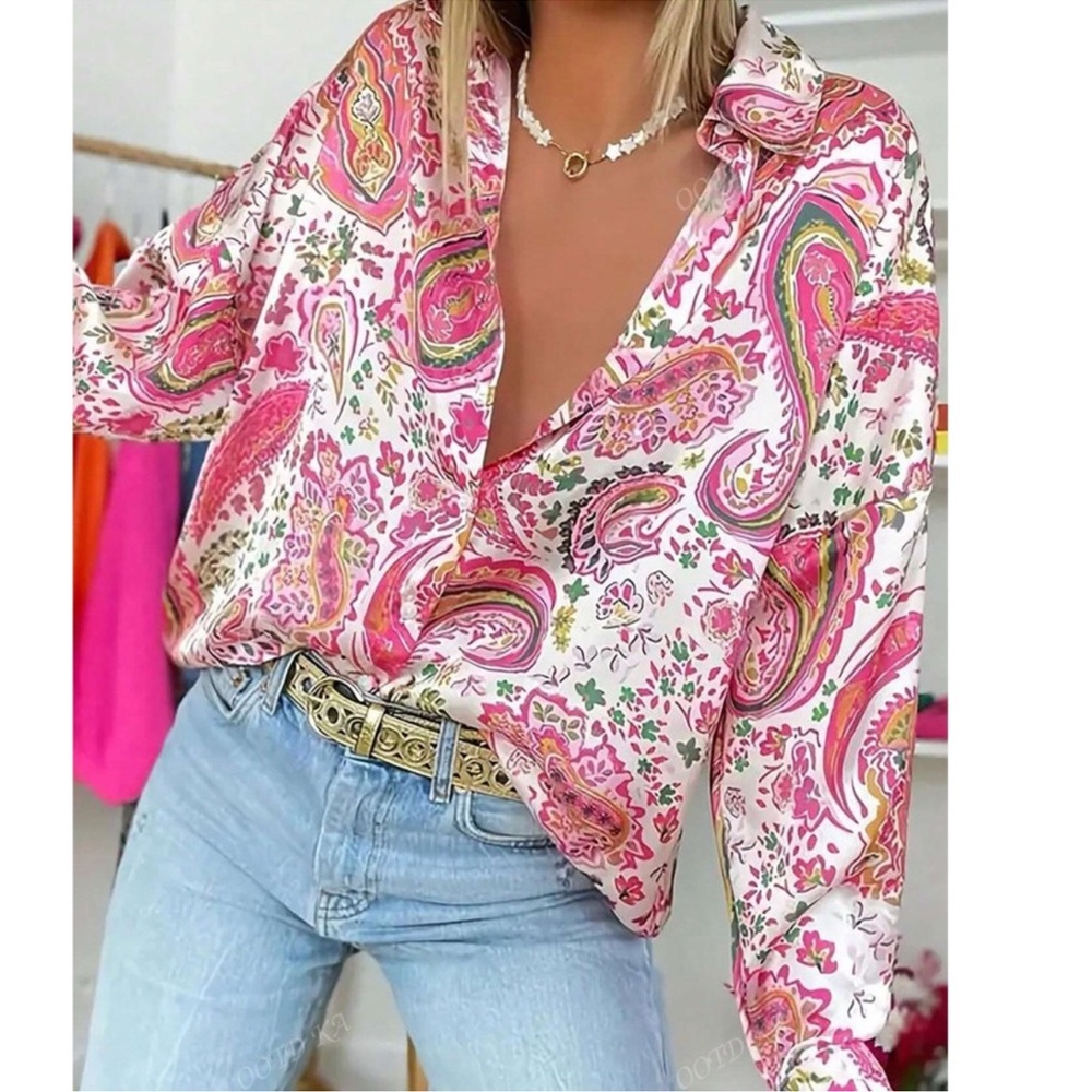 Plus Boho Paisley Print Button Down Loose Fit Boyfriend Shirt 1X 2X 3X 4X